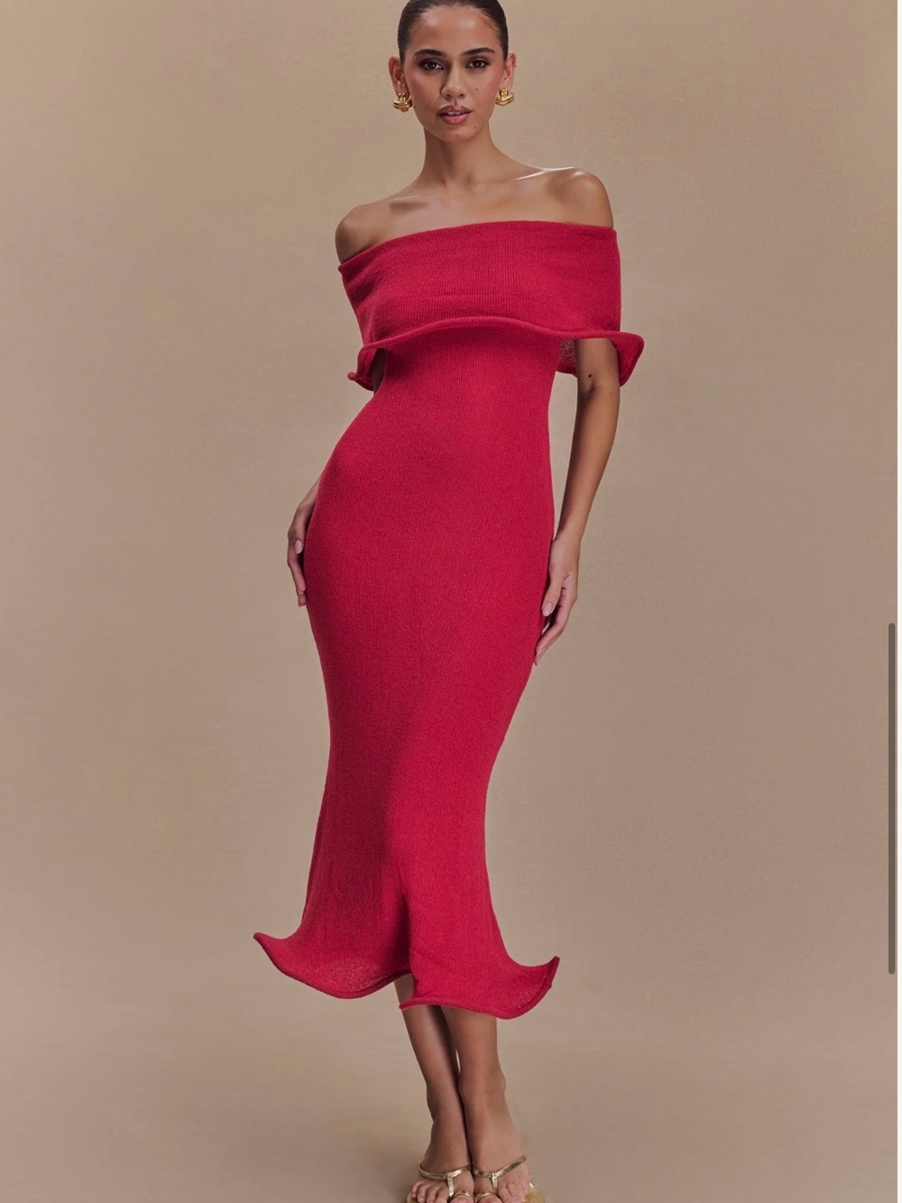 MESHKI Off-Shoulder Raspberry Knit Bodycon Dress - Picture 3 of 6